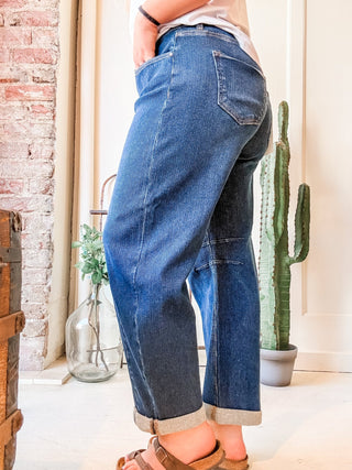 Ribbed Dark Wash Barrel Jeans - Allure Boutique WY