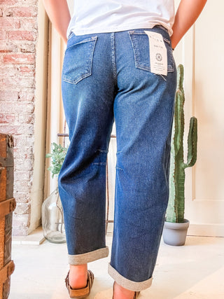 Ribbed Dark Wash Barrel Jeans - Allure Boutique WY