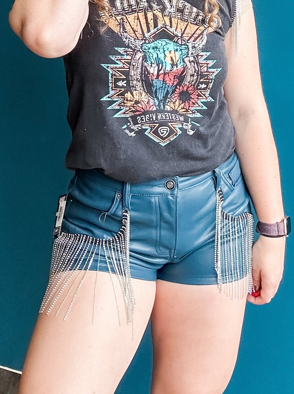 Rock & Roll Denim Teal Shorts with Fringe - Allure Boutique WY