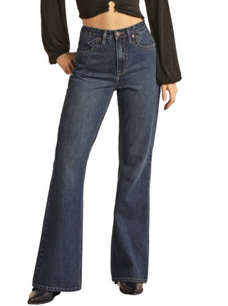 Rock & Roll Denim Yoke Detail High Rise Flare in Medium Wash - Allure Boutique WY
