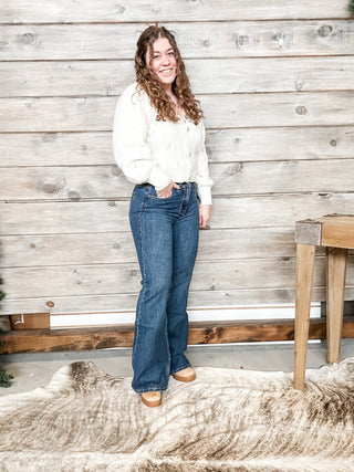 Rock & Roll Denim Yoke Detail High Rise Flare in Medium Wash - Allure Boutique WY