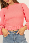 Round Neck Peplum Top with Sheer Sleeve - Allure Boutique WY