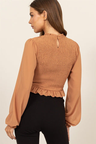 Round Neck Peplum Top with Sheer Sleeve - Allure Boutique WY