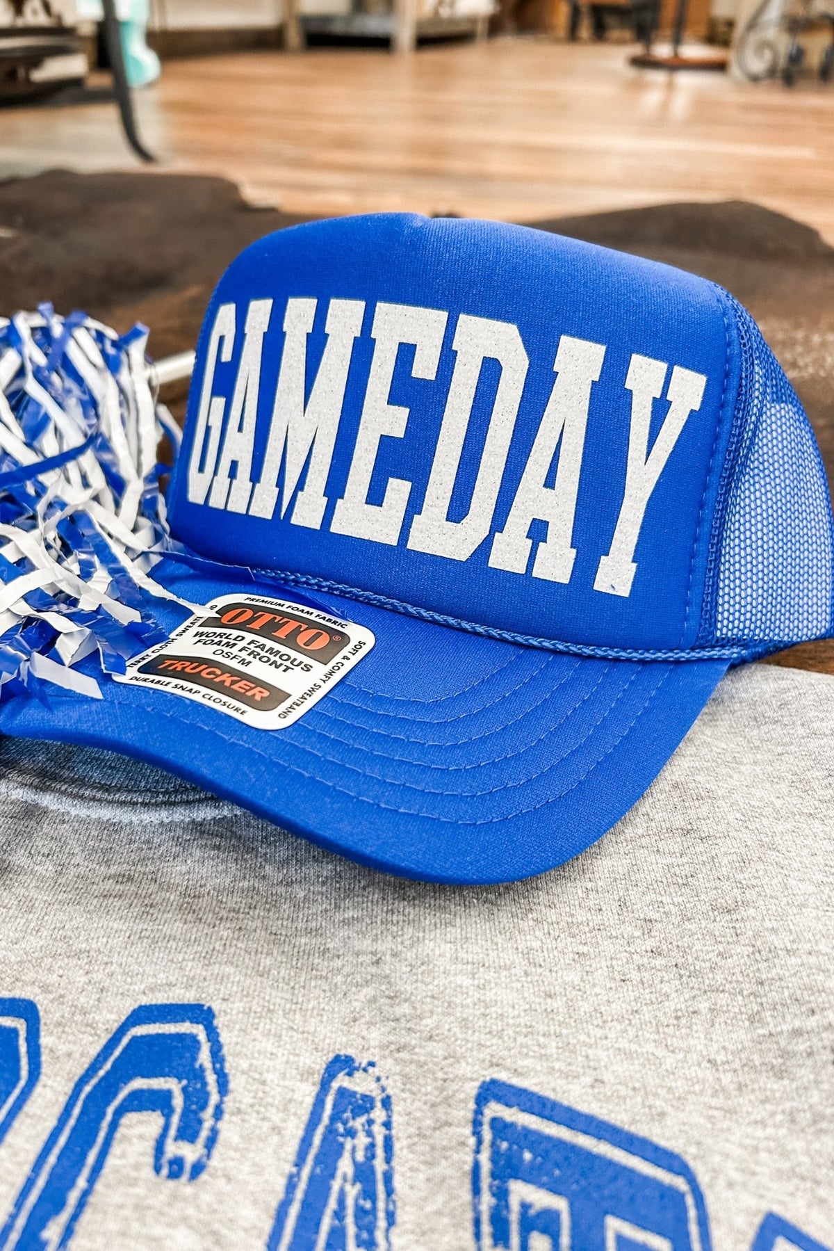 Royal Blue Gameday Trucker Hat with Glitter White Lettering - Allure Boutique WY