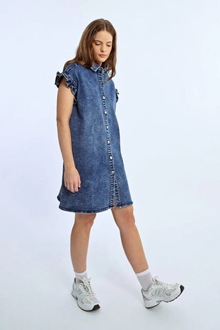 Ruffle Sleeve Denim Button Front Dress - Allure Boutique WY