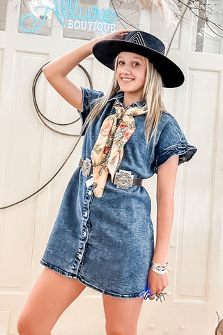 Ruffle Sleeve Denim Button Front Dress - Allure Boutique WY
