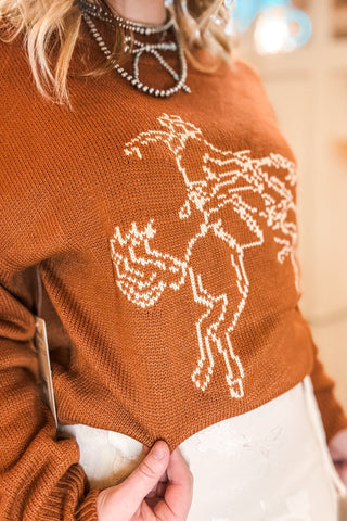 Rust Bronc Rider Crew Neck Sweater - Allure Boutique WY