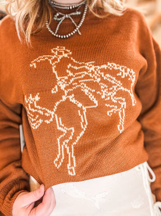 Rust Bronc Rider Crew Neck Sweater - Allure Boutique WY