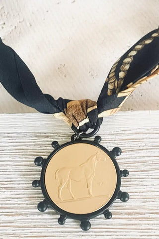 Scarf Necklace - Black Bezel + Gold Horse Coin - Allure Boutique WY