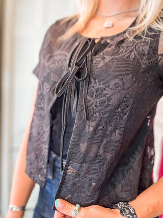 Sheer Lace Tie Front Short Sleeve Top - Allure Boutique WY
