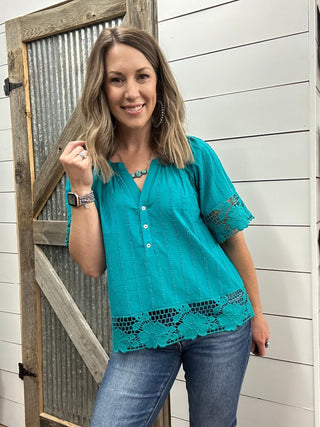 Short Sleeve Woven Top with Lace - Allure Boutique WY