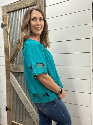 Short Sleeve Woven Top with Lace - Allure Boutique WY