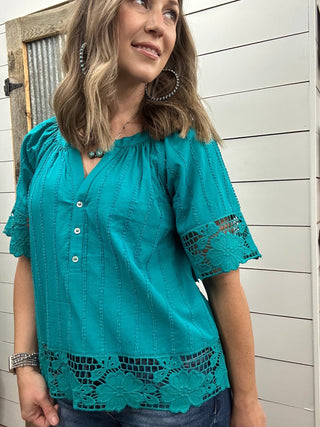 Short Sleeve Woven Top with Lace - Allure Boutique WY