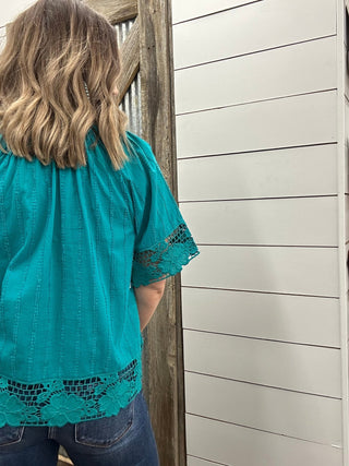 Short Sleeve Woven Top with Lace - Allure Boutique WY