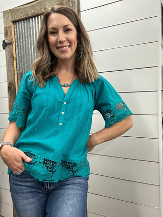 Short Sleeve Woven Top with Lace - Allure Boutique WY