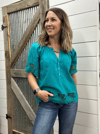Short Sleeve Woven Top with Lace - Allure Boutique WY