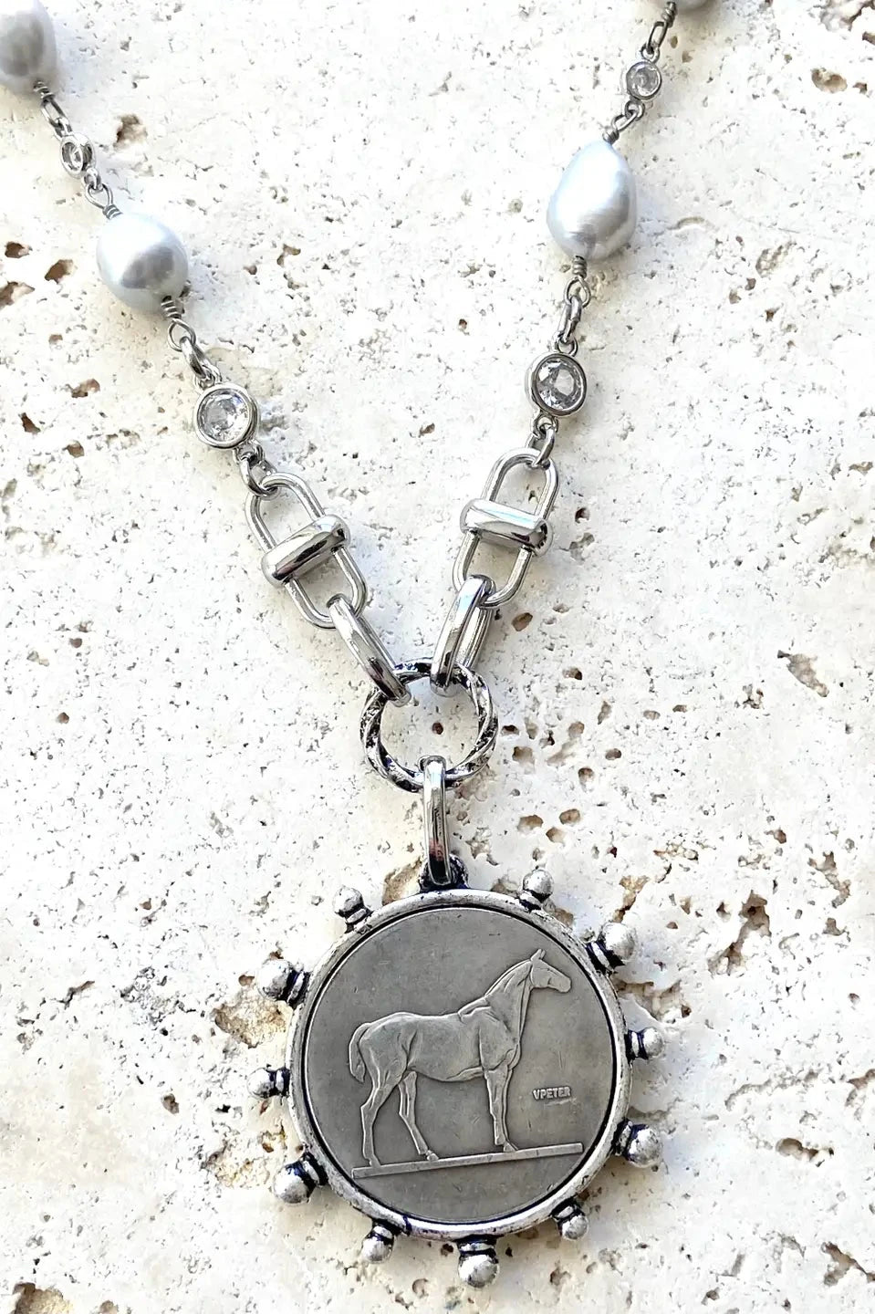 Silver Horse Coin Necklace with Silver Pearls - Allure Boutique WY