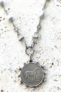 Silver Horse Coin Necklace with Silver Pearls - Allure Boutique WY