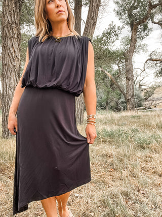 Sleeveless Draped Knit Asymmetrical Dress - Allure Boutique WY