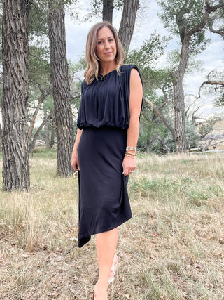 Sleeveless Draped Knit Asymmetrical Dress - Allure Boutique WY