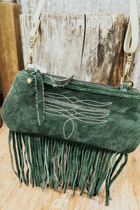 Small Green Suede Clutch with Cream Bootstitch - Allure Boutique WY