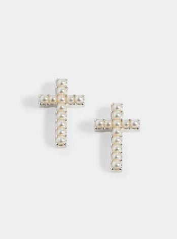 Small Silver Cross & Pearls Stud Earrings - Allure Boutique WY
