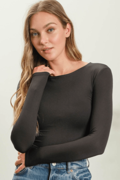 Solid Round Neck Long Sleeve Bodysuit - Allure Boutique WY