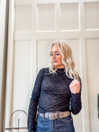Stretch Floral Lace Mock Neck Top - Allure Boutique WY