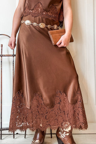Stretch Satin Lace Trim Maxi Skirt - Allure Boutique WY