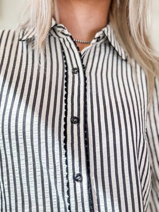 Stripe Scallop Trim Detail Puff Sleeve Blouse - Allure Boutique WY