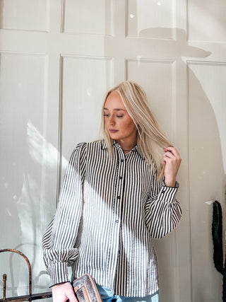 Stripe Scallop Trim Detail Puff Sleeve Blouse - Allure Boutique WY