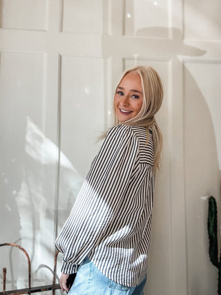 Stripe Scallop Trim Detail Puff Sleeve Blouse - Allure Boutique WY