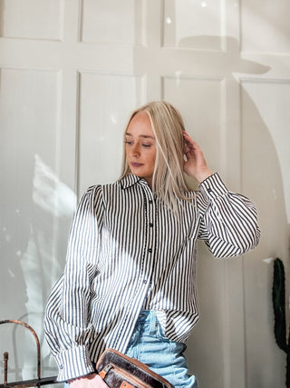 Stripe Scallop Trim Detail Puff Sleeve Blouse - Allure Boutique WY