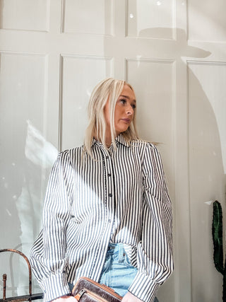 Stripe Scallop Trim Detail Puff Sleeve Blouse - Allure Boutique WY