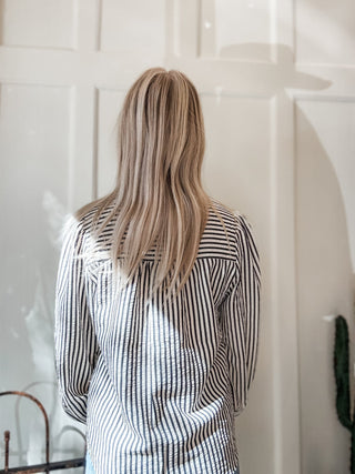 Stripe Scallop Trim Detail Puff Sleeve Blouse - Allure Boutique WY