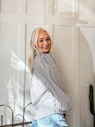Stripe Scallop Trim Detail Puff Sleeve Blouse - Allure Boutique WY
