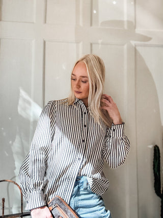 Stripe Scallop Trim Detail Puff Sleeve Blouse - Allure Boutique WY