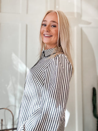 Stripe Scallop Trim Detail Puff Sleeve Blouse - Allure Boutique WY