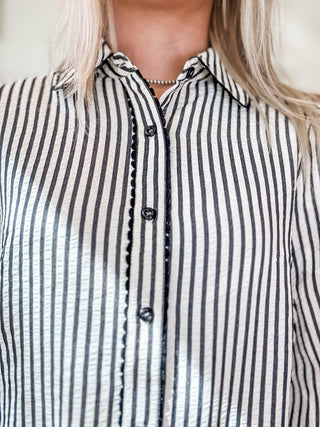 Stripe Scallop Trim Detail Puff Sleeve Blouse - Allure Boutique WY
