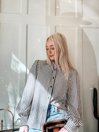 Stripe Scallop Trim Detail Puff Sleeve Blouse - Allure Boutique WY