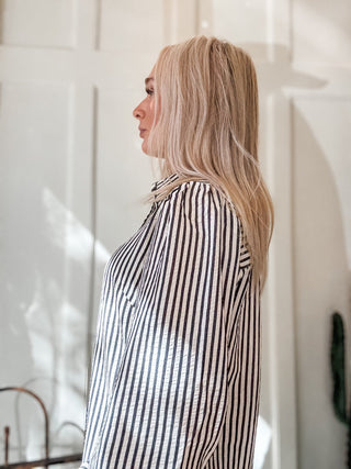 Stripe Scallop Trim Detail Puff Sleeve Blouse - Allure Boutique WY