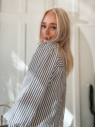 Stripe Scallop Trim Detail Puff Sleeve Blouse - Allure Boutique WY