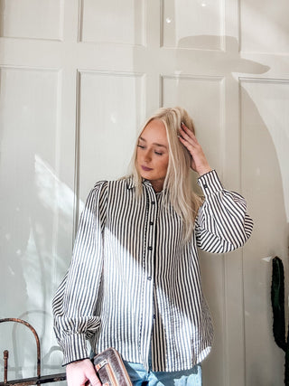 Stripe Scallop Trim Detail Puff Sleeve Blouse - Allure Boutique WY