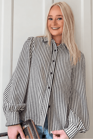 Stripe Scallop Trim Detail Puff Sleeve Blouse - Allure Boutique WY