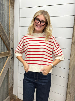 Striped Exposed Seam Half Sleeve Sweater - Allure Boutique WY