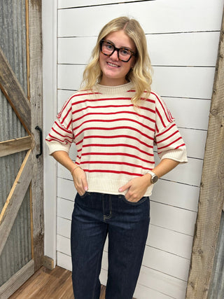 Striped Exposed Seam Half Sleeve Sweater - Allure Boutique WY