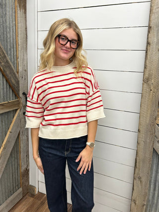 Striped Exposed Seam Half Sleeve Sweater - Allure Boutique WY