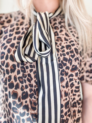 Striped Scarf Neck Leopard Blouse - Allure Boutique WY