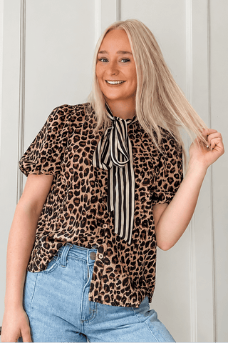 Striped Scarf Neck Leopard Blouse - Allure Boutique WY