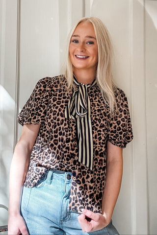 Striped Scarf Neck Leopard Blouse - Allure Boutique WY